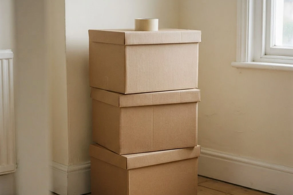 Plain storage boxes stacked against a bare wall, for property management in Brampton