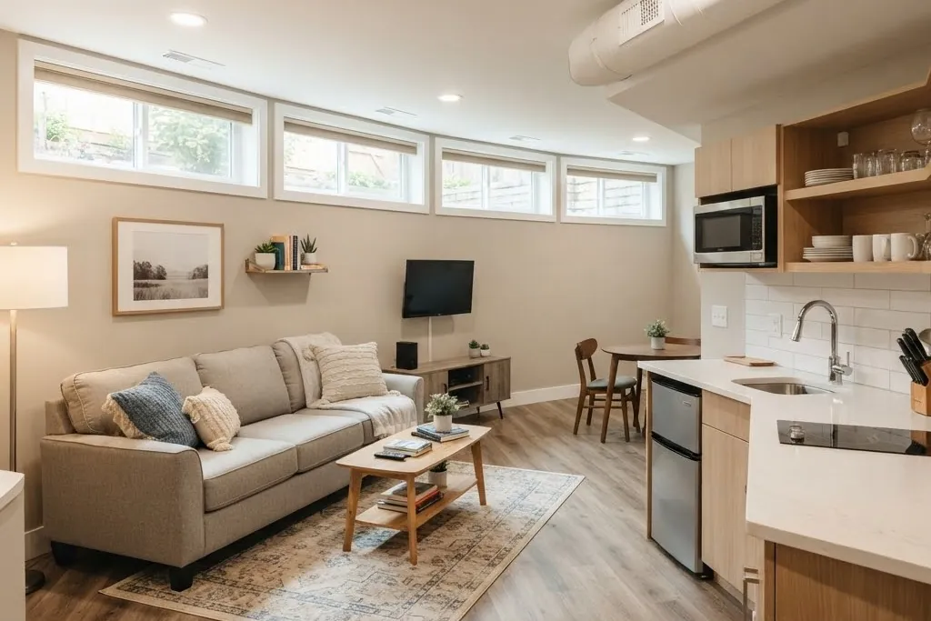A finished basement suite with high windows, a sitting area and a kitchenette along one wall, for secondary suite management in Brampton