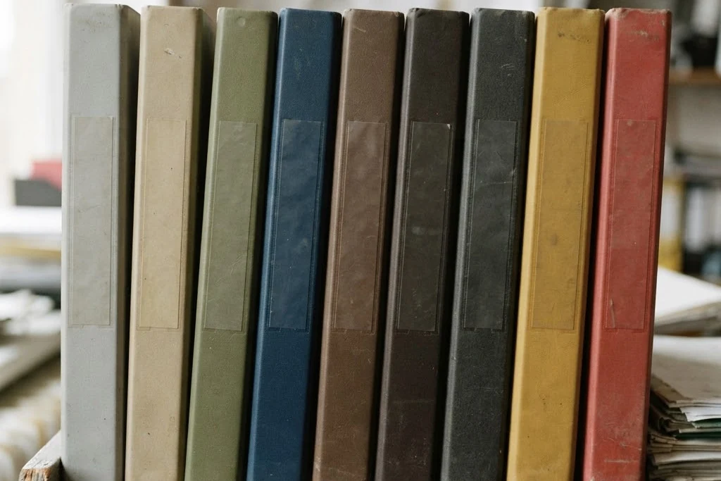 Ring binders lined up along a back office shelf, for landlord services in Brampton
