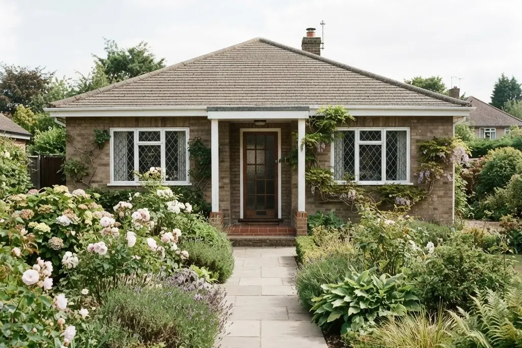 A single storey bungalow seen from the front path between planted borders, for property inspections in Brampton