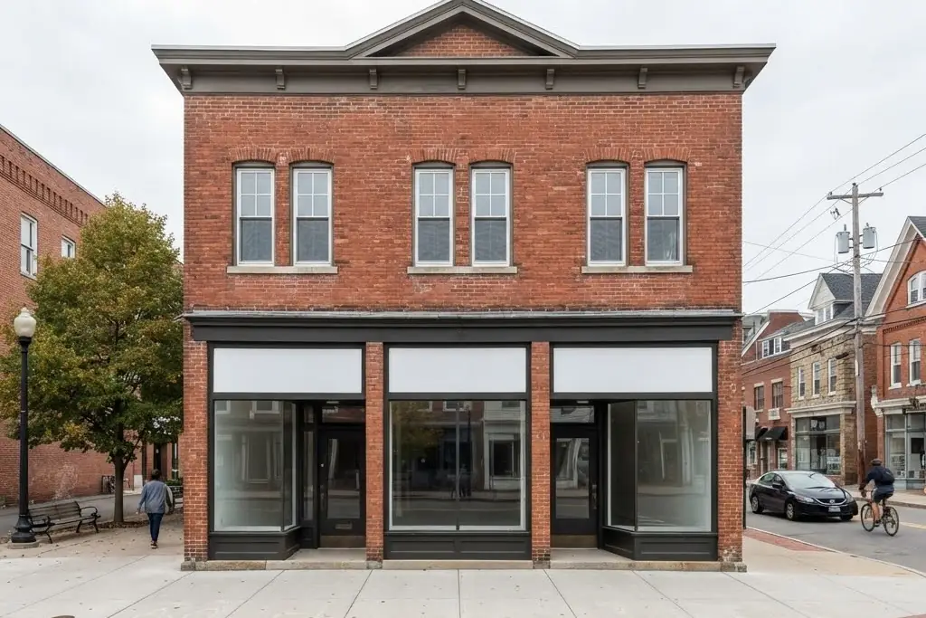 A two storey brick mixed use building on a main street, shopfronts at ground level and offices above, for commercial property management in Brampton
