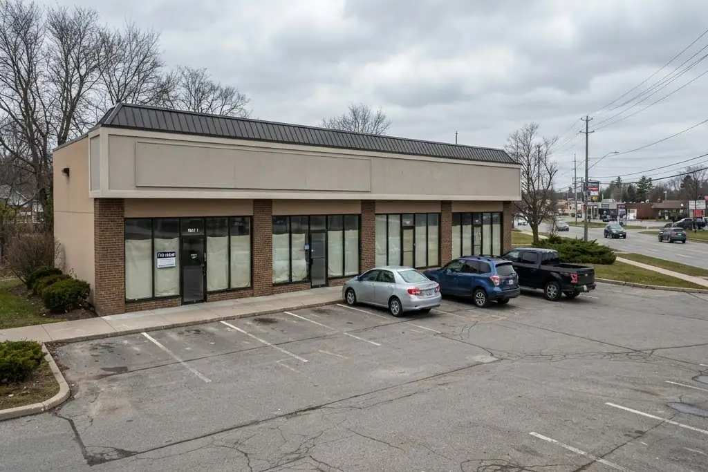 A single storey suburban commercial plaza with blank fascia panels and a parking lot in front, for commercial property management in Brampton