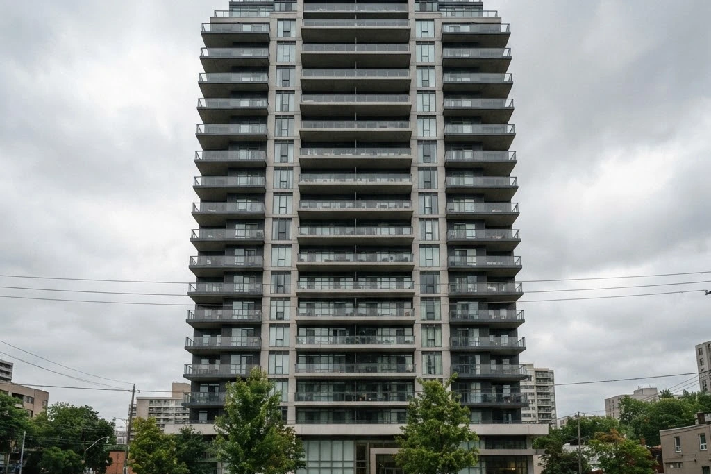 A modern apartment tower seen from the road with trees at its base, for condo property management in Brampton
