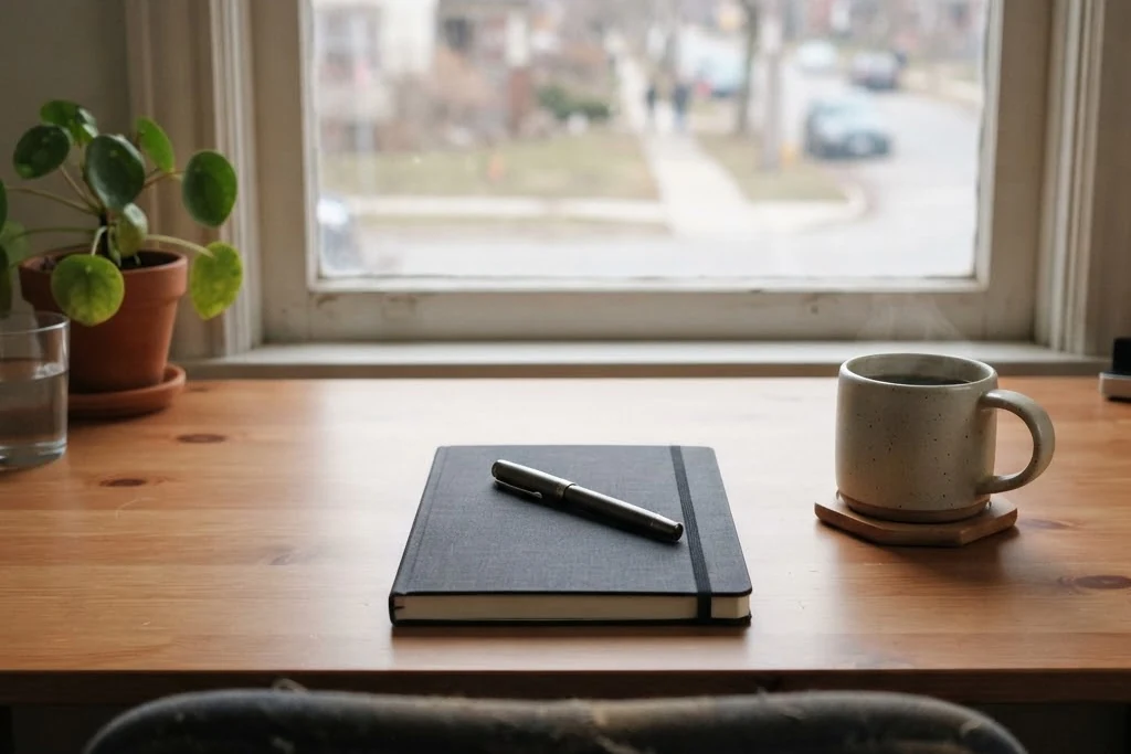 A quiet desk, notebook closed, morning light from a window, for property management in Brampton
