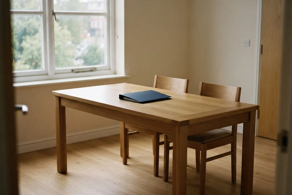 A plain wooden table with two chairs and a closed folder, for landlord services in Brampton