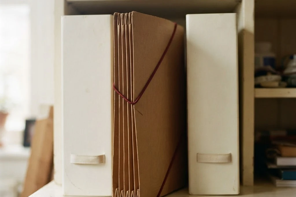 A document wallet standing between two plain box files, for maintenance request in Brampton
