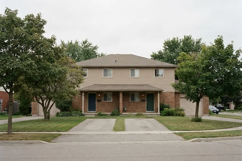 A duplex with mature trees on the verge in front, for property types in Brampton