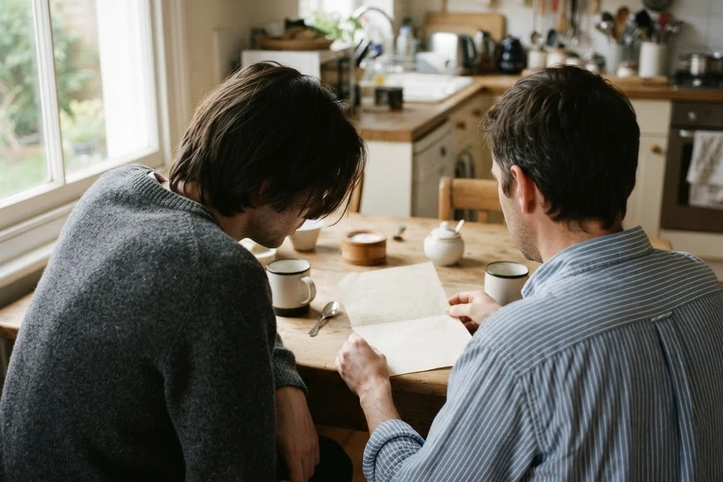 Two people at a kitchen table reading a sheet held flat between them, for rent collection in Brampton