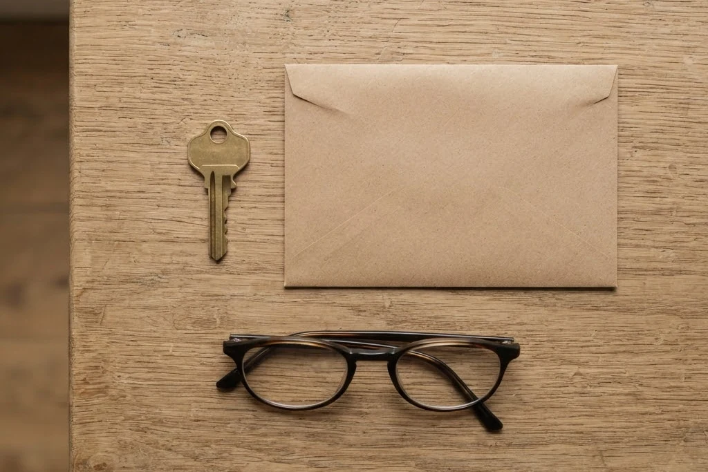 A house key, a blank envelope and reading glasses on a wooden table, for eviction cost in Brampton