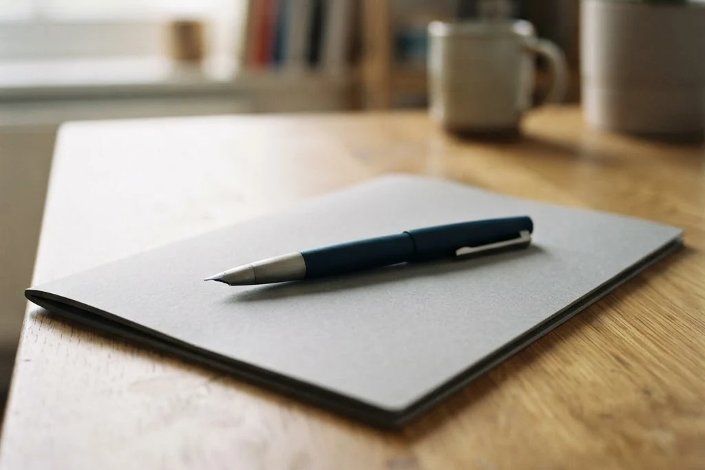 A fountain pen resting on a plain closed folder on a desk, for property management in Brampton