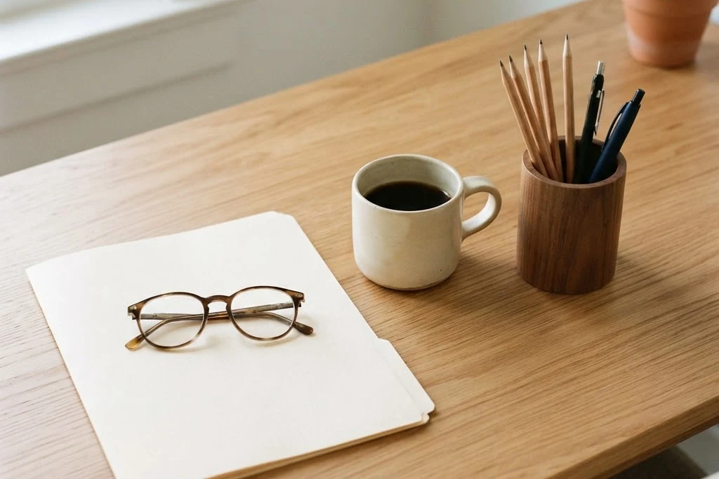 A closed folder, reading glasses and a mug on a desk, for property management fees in Brampton