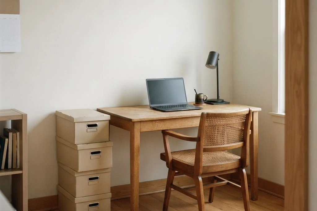 A home office corner with a closed laptop and filed boxes, for property management in Oakville