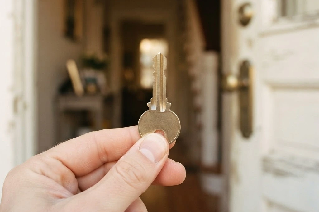 A single brass door key held up at an open front door, for lease renewal in Brampton