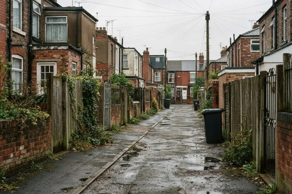A narrow service laneway running behind a row of houses, for property management in Brampton