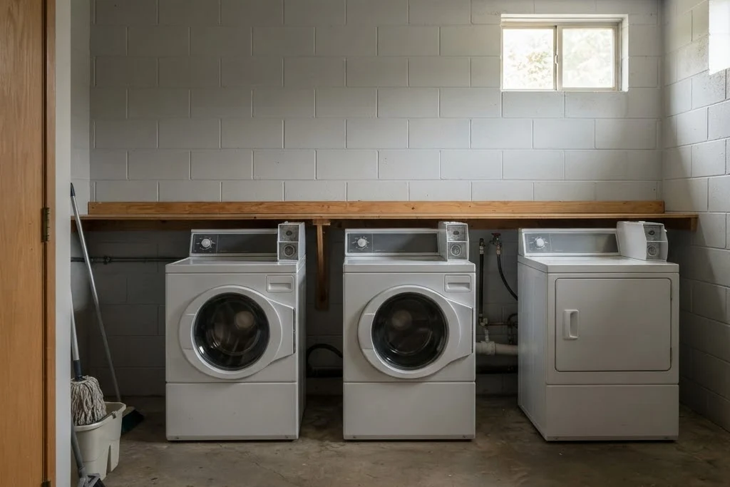 A basement laundry room serving several units, for multiplex property management in Brampton