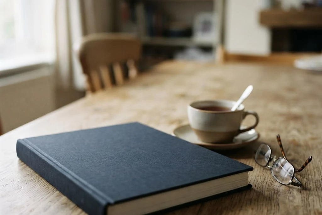 A closed ledger beside a cup of tea and folded glasses, for property management in Brampton