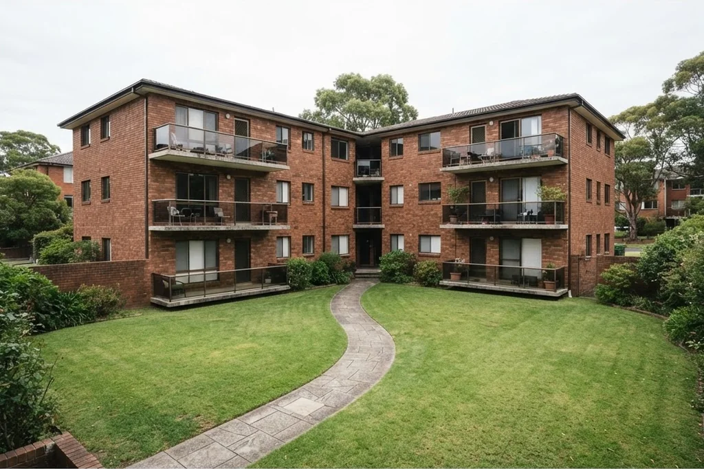 A three storey brick apartment block around an open grass courtyard, for property management fees in Brampton