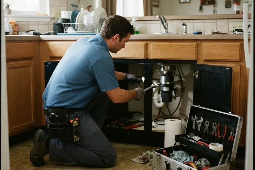 A maintenance contractor kneeling to repair the plumbing under a kitchen sink, toolbox open on the floor, for property maintenance in Brampton