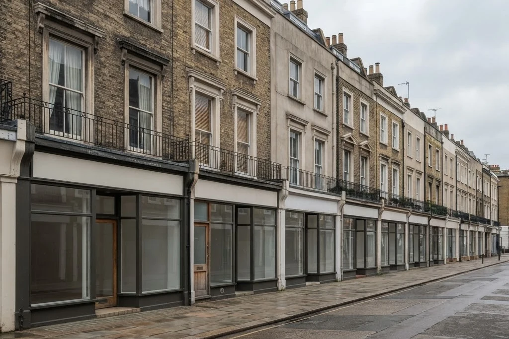 A street of four storey buildings with plain empty shopfronts below, for retail and office in Brampton