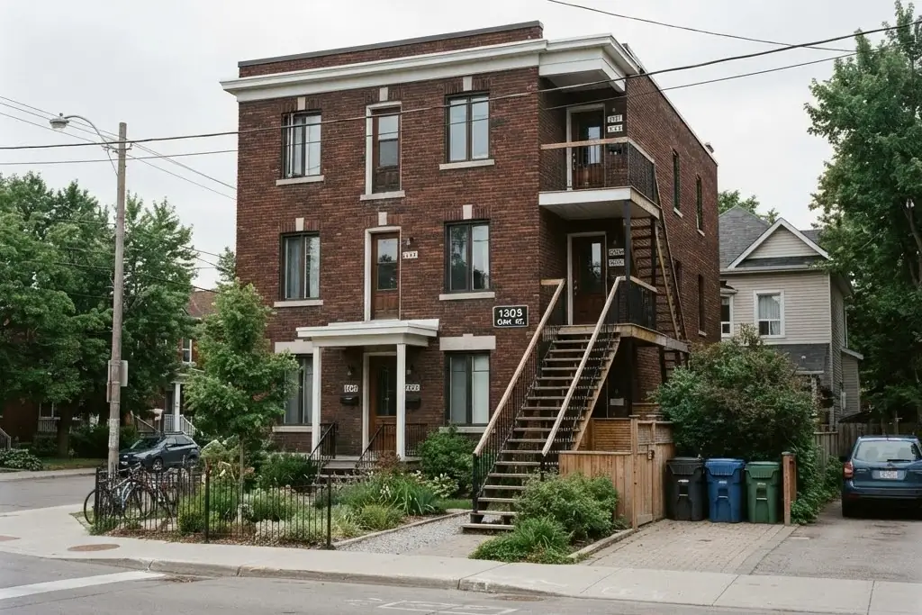 A three unit brick walk up on a corner lot, with an exterior staircase to the upper units, for multiplex property management in Brampton
