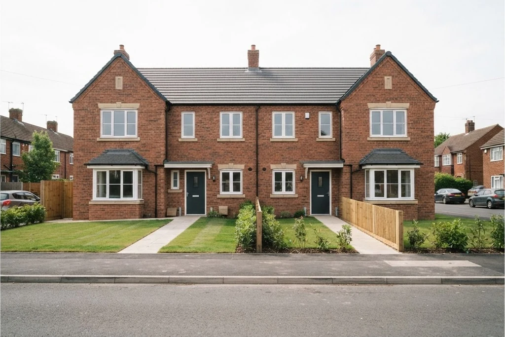A short terrace of recently completed houses with newly turfed gardens, for property management in Brampton