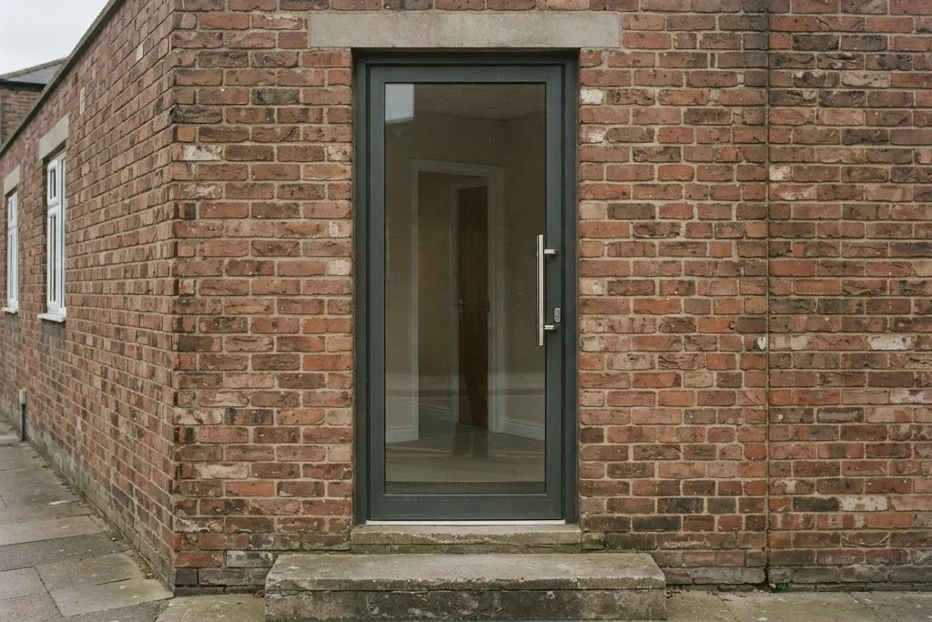 A plain glazed entrance door to a small commercial building, for eviction in Brampton