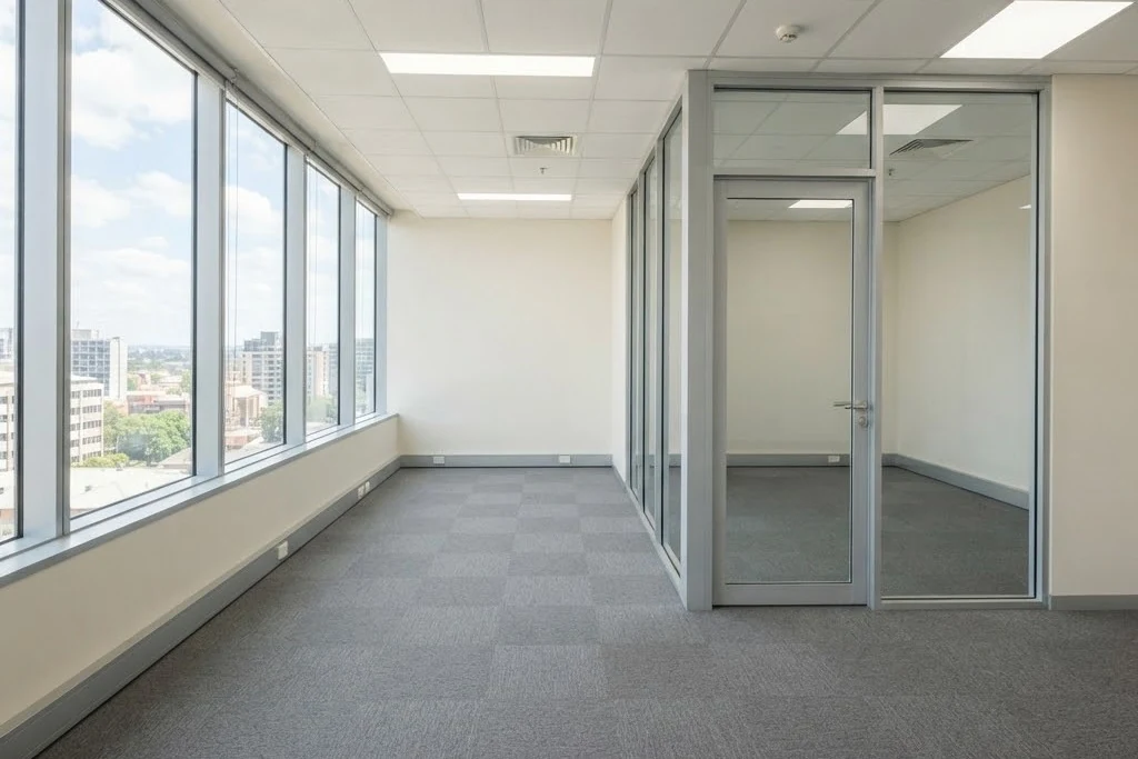 An empty office suite with grey carpet, a glazed partition wall and windows along one side, for retail and office in Brampton