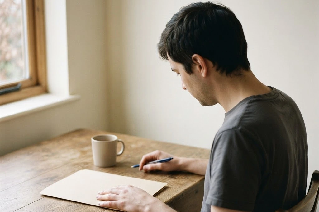 A person seated at a wooden table with a pen and a closed folder