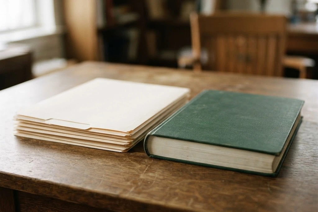 A stack of plain folders beside a closed ledger book on a desk, for eviction in Brampton