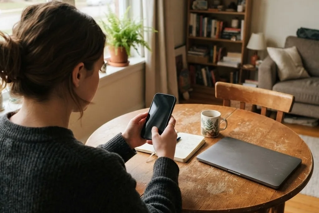A tenant at a dining table with a phone in hand and a notebook open beside a closed laptop, for paying rent in Brampton