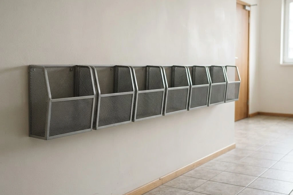 A row of plain metal post trays on the wall of an entrance lobby, for retail and office in Brampton