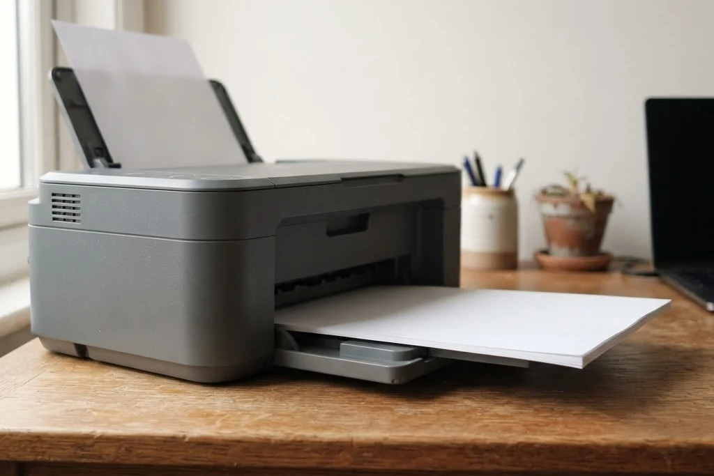 A printer working on a plain desk by a window, for property management in Brampton