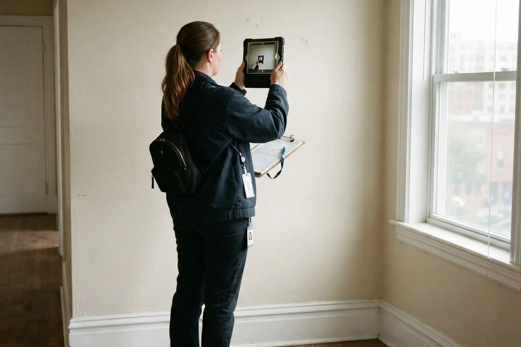 An inspector photographing a wall with a tablet during an inspection of an empty unit, for property inspections in Brampton