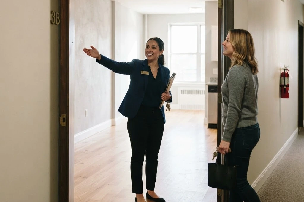 A leasing agent showing an empty rental unit to a prospective tenant at the doorway, for tenant placement in Brampton