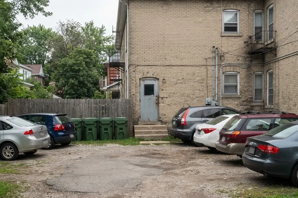 The rear parking area of a small residential building, for property maintenance in Brampton