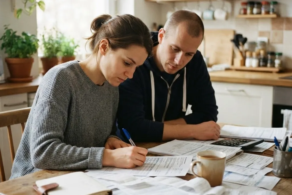 A couple at a kitchen table working through rental paperwork together, for tenant screening in Brampton