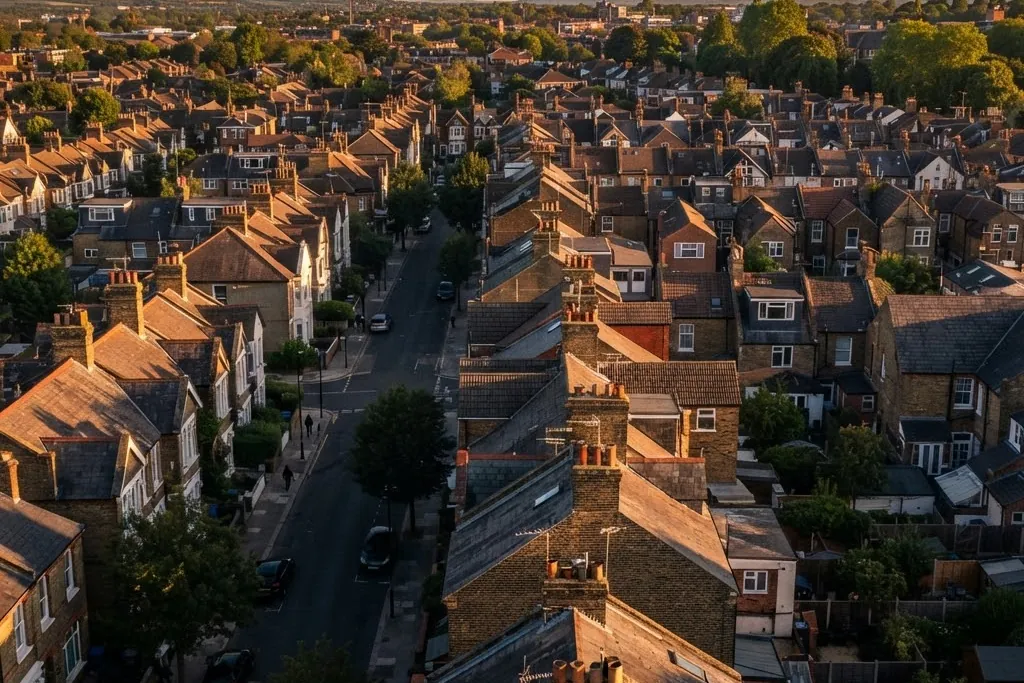 An elevated view across residential rooftops in late afternoon light, for property management in Oakville