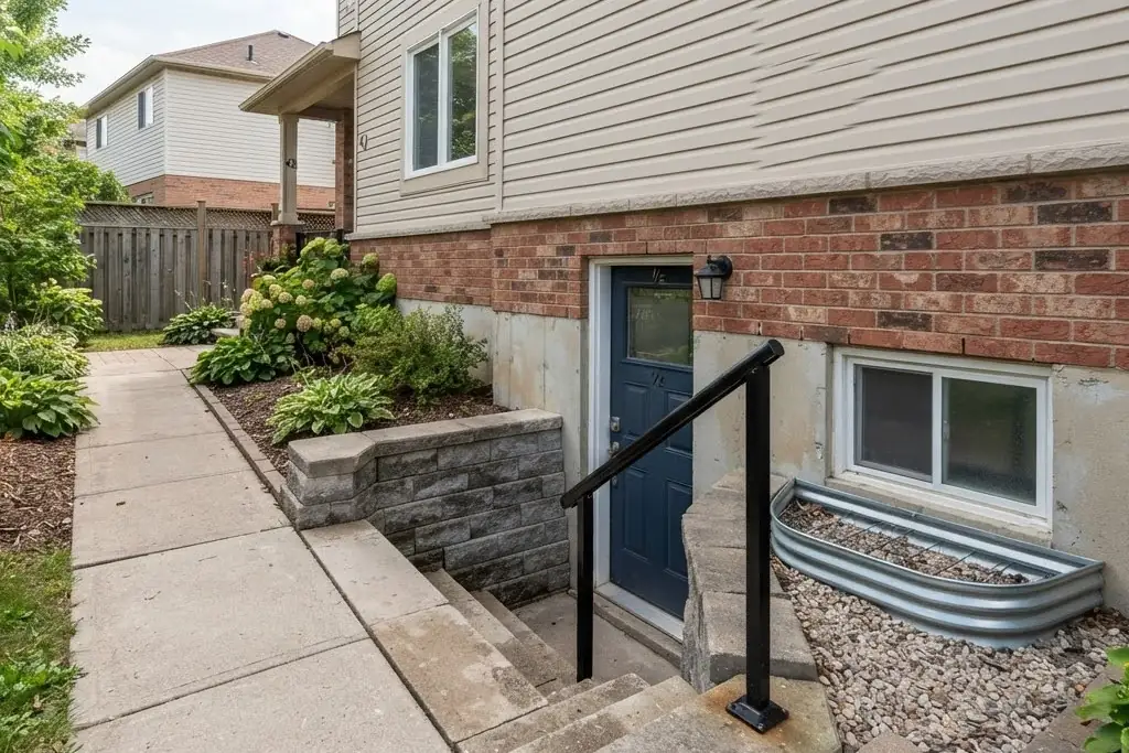 A separate basement suite entrance at the side of a house, with steps down to a private door, for secondary suite management in Brampton