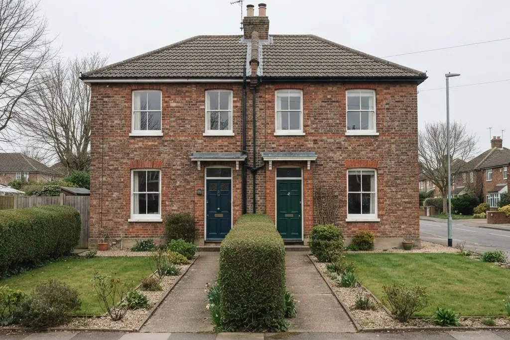 A pair of semi detached brick houses behind low front gardens, for multiplex property management in Brampton