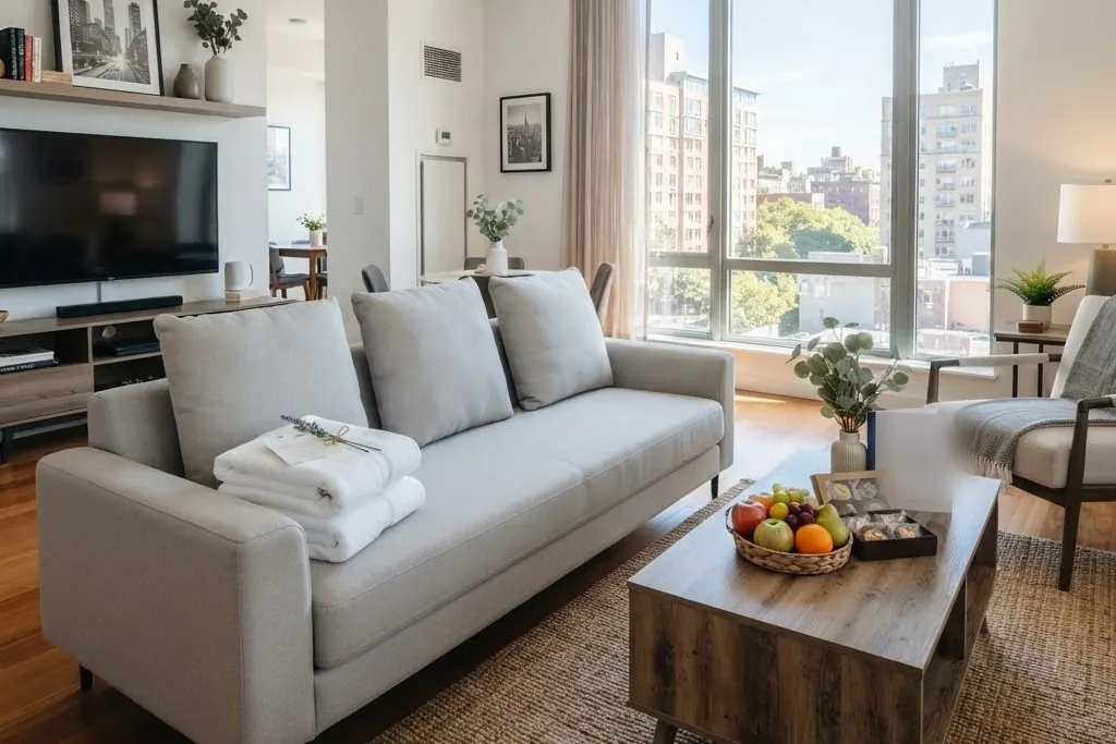 The living room of a furnished short term rental, towels folded on the sofa arm and fruit on the table, for short term rental management in Brampton