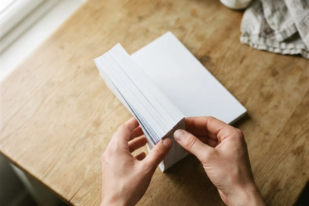 A pile of plain paper being tidied by hand, for tenant screening in Brampton