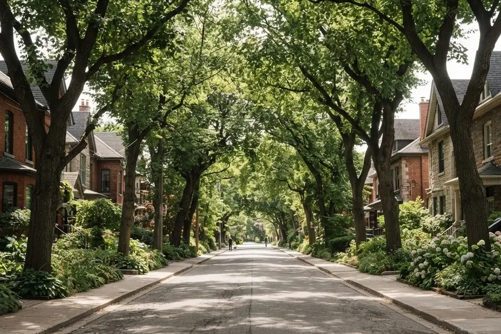 A residential street in full summer leaf with the canopy closing overhead, for short term rental management in Brampton
