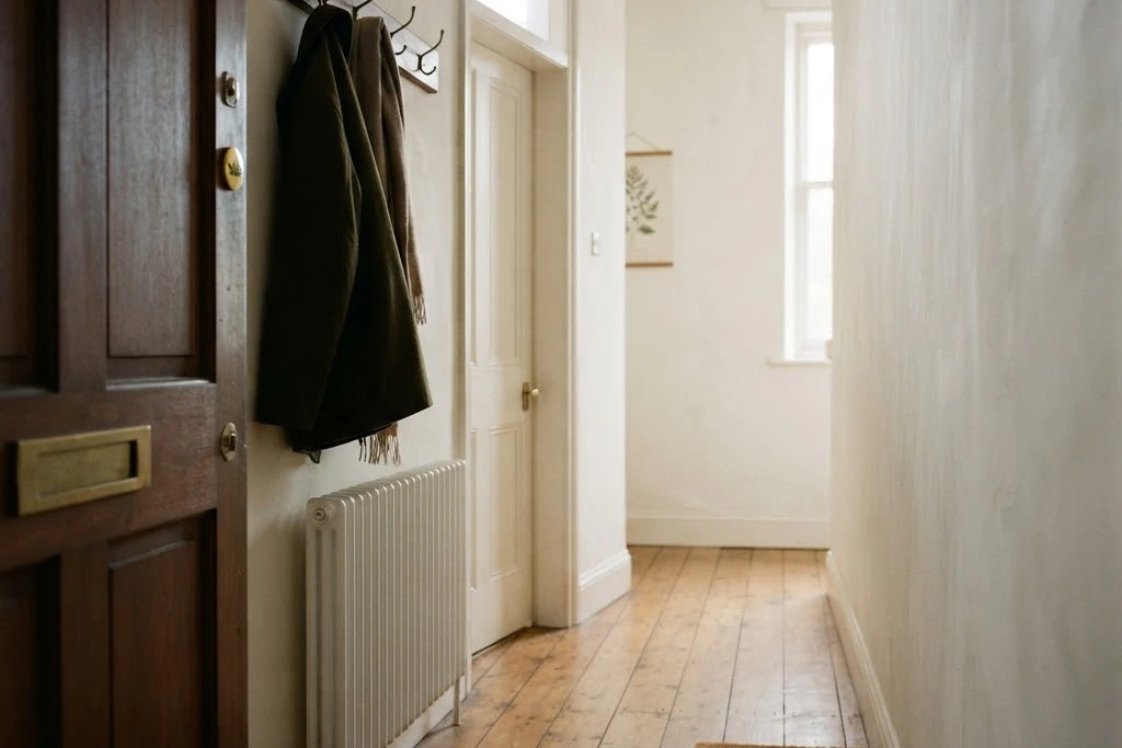 The entrance hall of a flat with a coat rail and a doormat, for tenant placement in Brampton