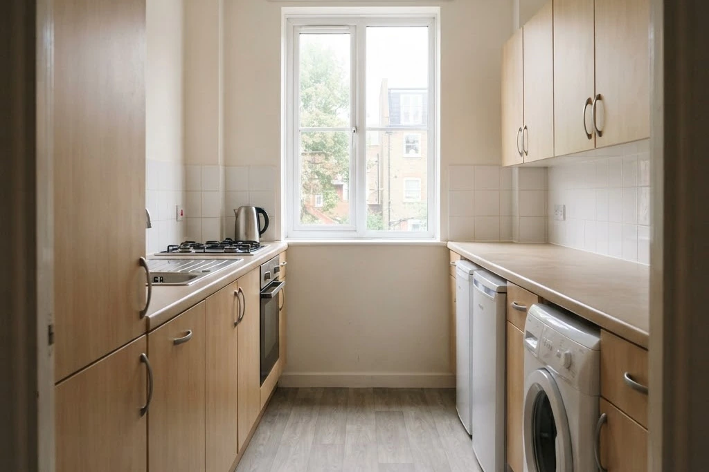 A small galley kitchen in a rented flat with a window at the far end, for property inspections in Brampton