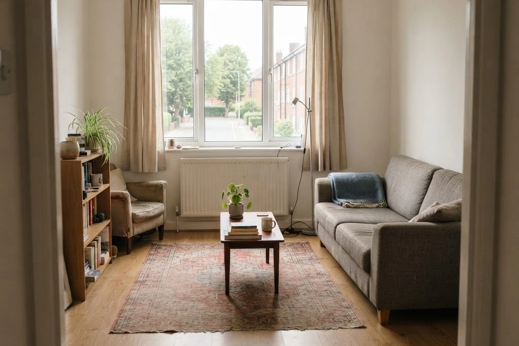 A furnished living room in a rented flat seen from the doorway, for short term rental management in Brampton