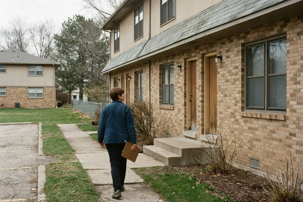 A manager walking the outside of a rental building, for property maintenance in Brampton