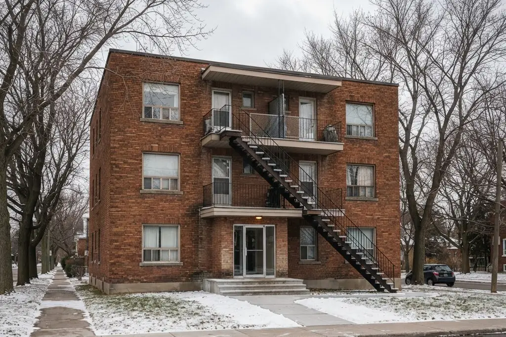 A walk-up block on a bare winter street, for property types in Brampton